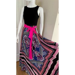 NWT Eliza J Scarf Pink Print Navy Jersey and Crêpe de Chine Maxi Dress Size 2